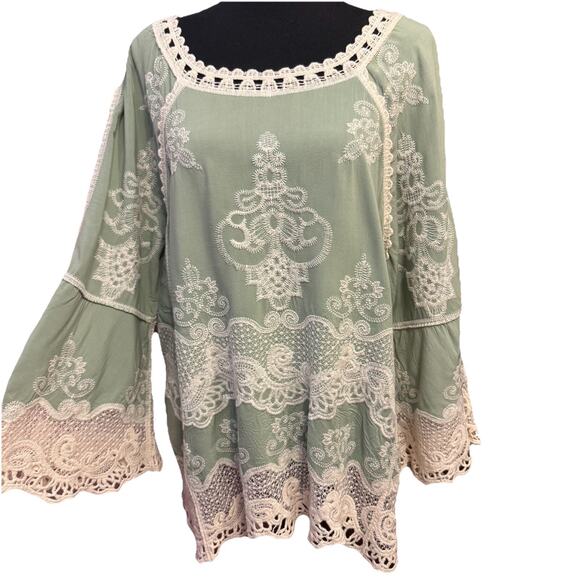 Democracy Tops - Democracy Women Top L Sage Green Crochet Lace Bell Sleeves Cottage Peasant